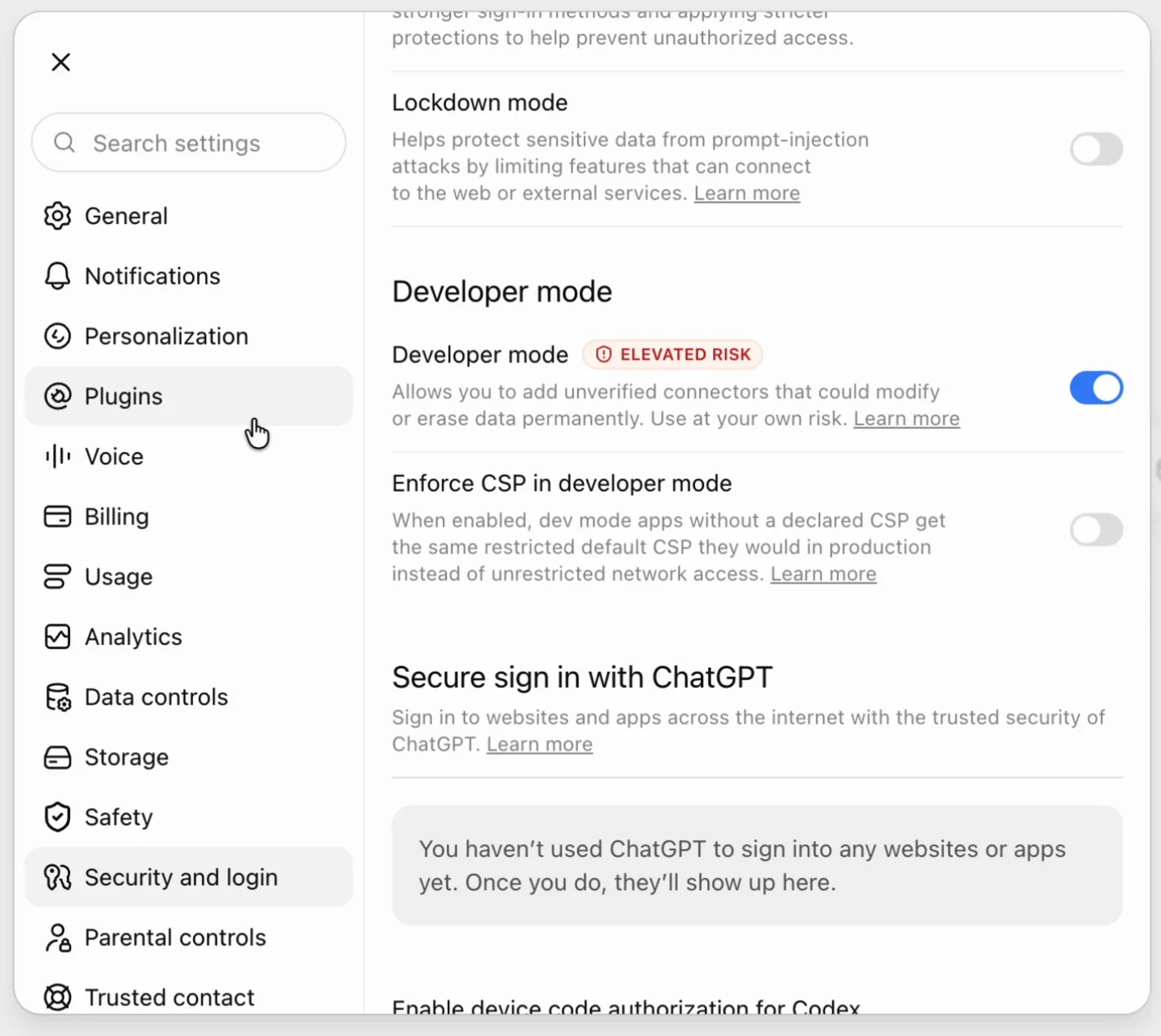 ChatGPT settings on the Security and login page, with the Developer mode toggle switched on next to an ELEVATED RISK label, above a switch for enforcing CSP in developer mode.