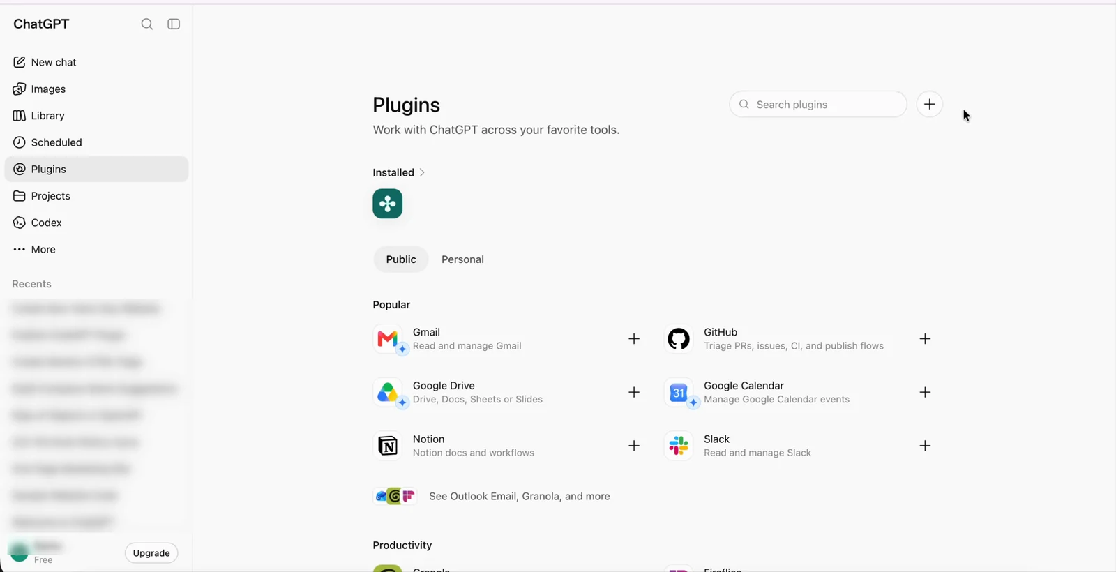 The ChatGPT Plugins page, reached from Plugins in the left sidebar, with a search field and a plus button at the top right.