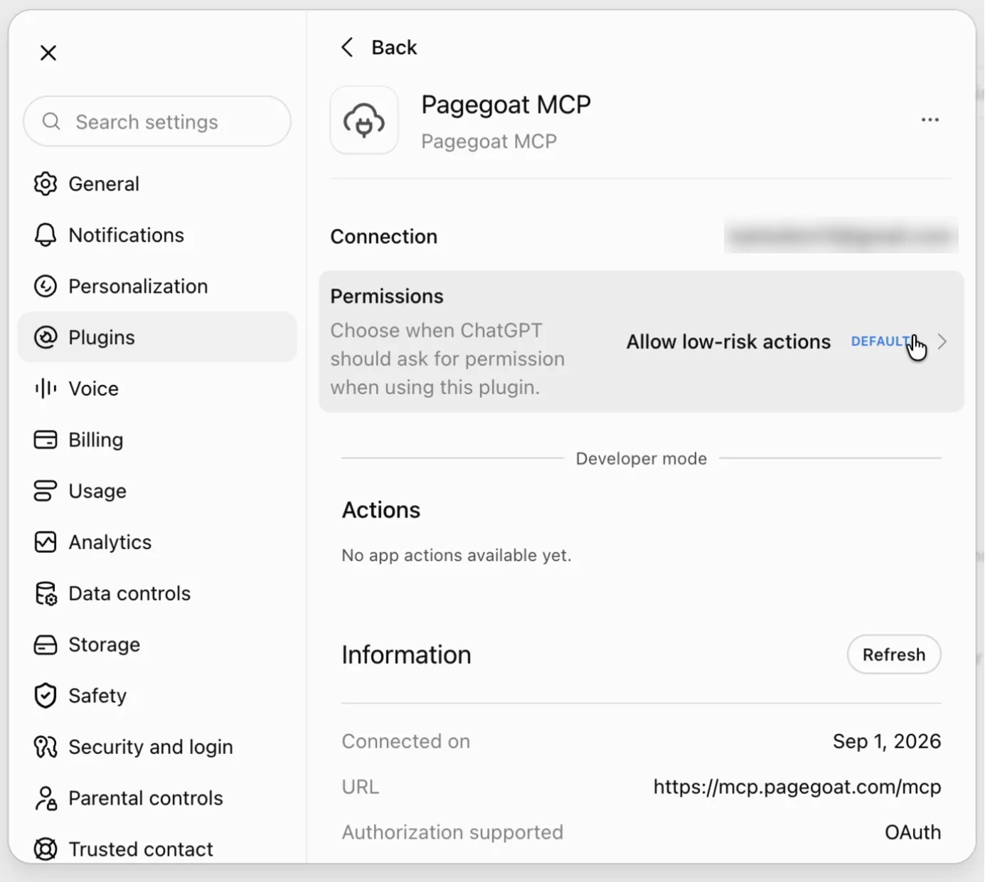 The installed Pagegoat MCP plugin in ChatGPT settings, showing a redacted connection account, permissions set to allow low-risk actions, an Actions section reading 'No app actions available yet', and information giving the connection date, the server URL and OAuth as the authorisation used.