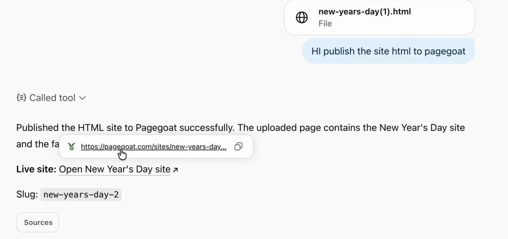 ChatGPT's reply after the tool call: 'Published the HTML site to Pagegoat successfully', a live site link, and the slug new-years-day-2.