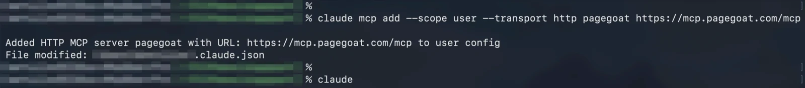 A terminal running claude mcp add with --scope user and the pagegoat MCP URL, which replies 'Added HTTP MCP server pagegoat with URL: https://mcp.pagegoat.com/mcp to user config' and names the config file it modified.