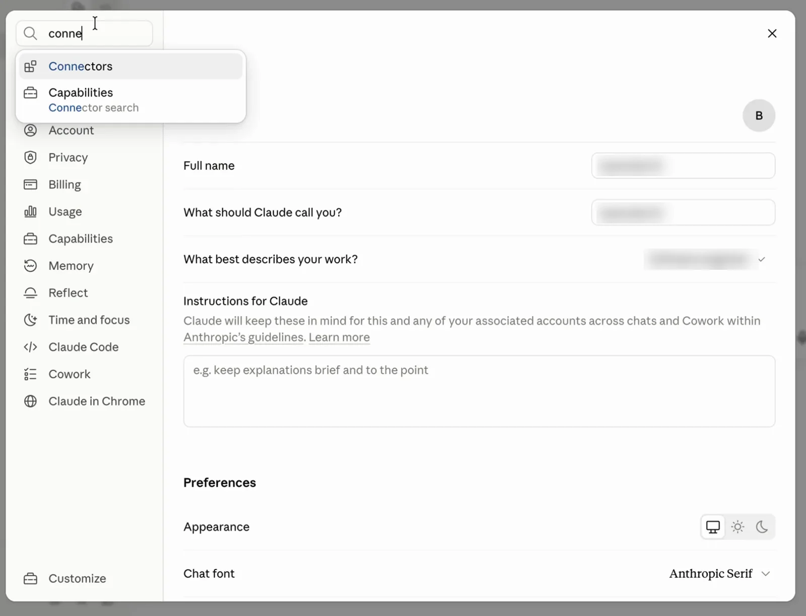 Claude.ai Settings with 'conne' typed into the search field and Connectors shown as the first result.