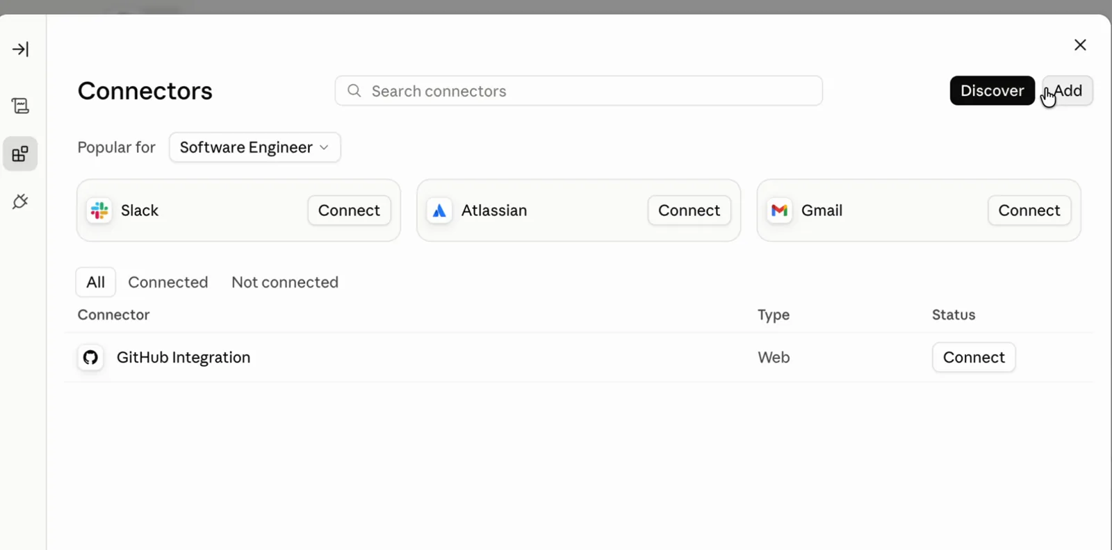The Claude.ai Connectors page showing existing connectors, with Discover and Add buttons at the top right.