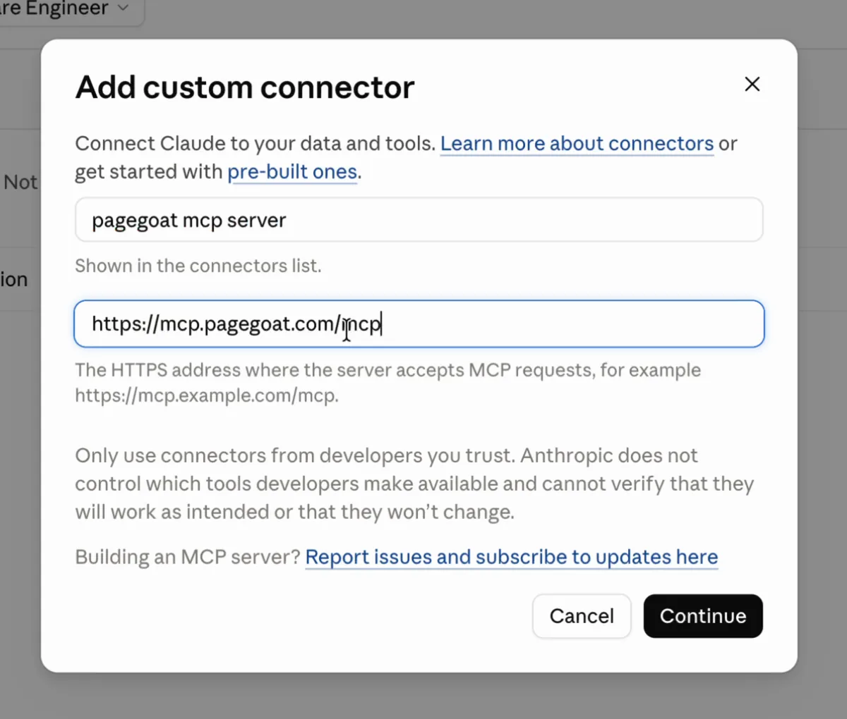 The Add custom connector dialog in Claude.ai with a name filled in and https://mcp.pagegoat.com/mcp entered as the remote MCP server URL.