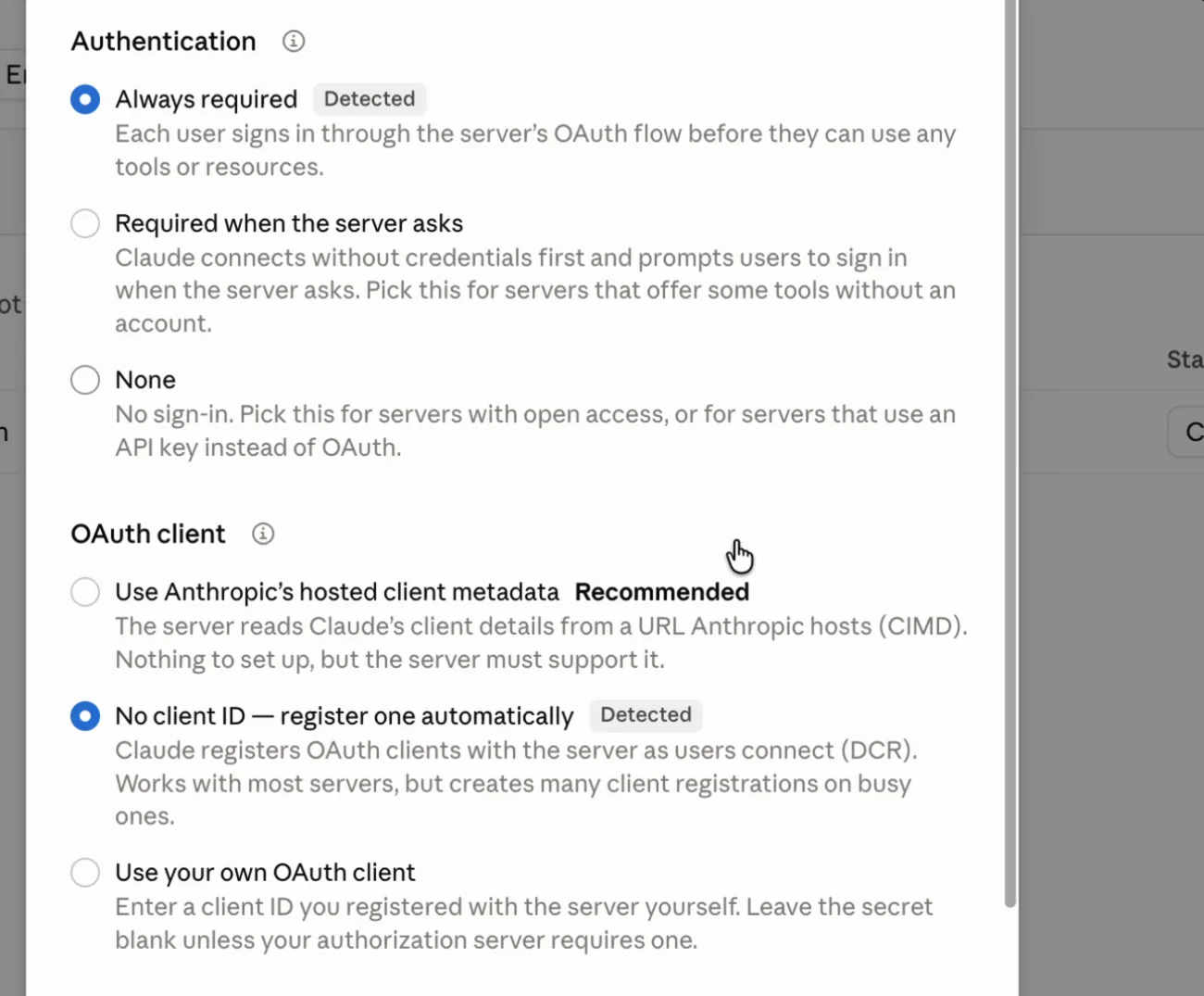 The connector's authentication settings, with 'Always required' and 'No client ID — register one automatically' both selected and labelled Detected.