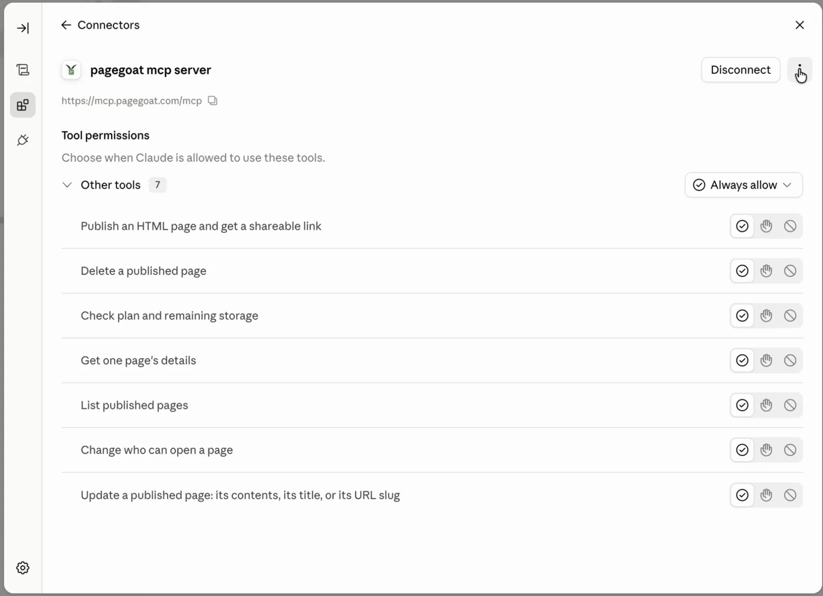 The connected pagegoat mcp server showing seven tool permissions: publish an HTML page, delete a published page, check plan and remaining storage, get one page's details, list published pages, change who can open a page, and update a published page.