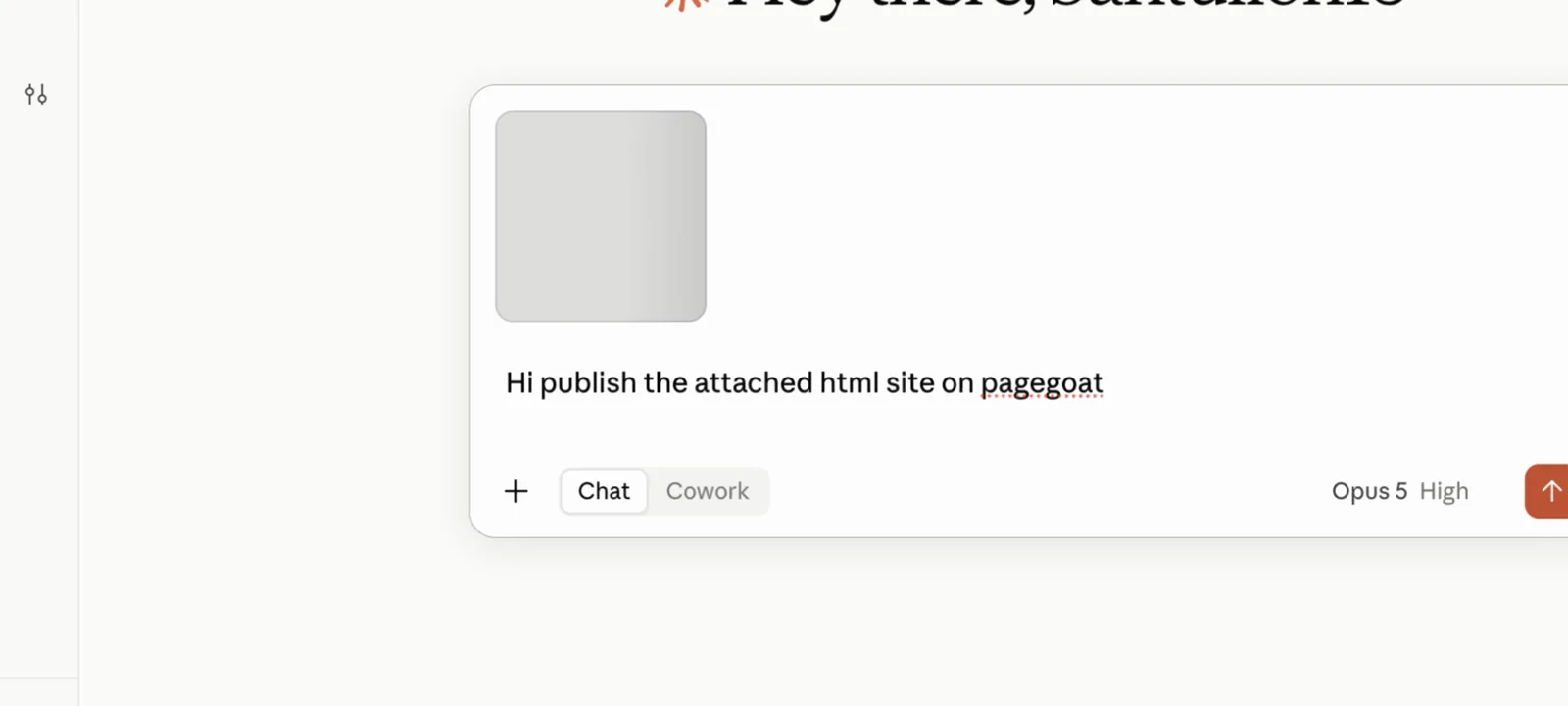 A Claude conversation with an HTML file attached and the message 'Hi publish the attached html site on pagegoat'.