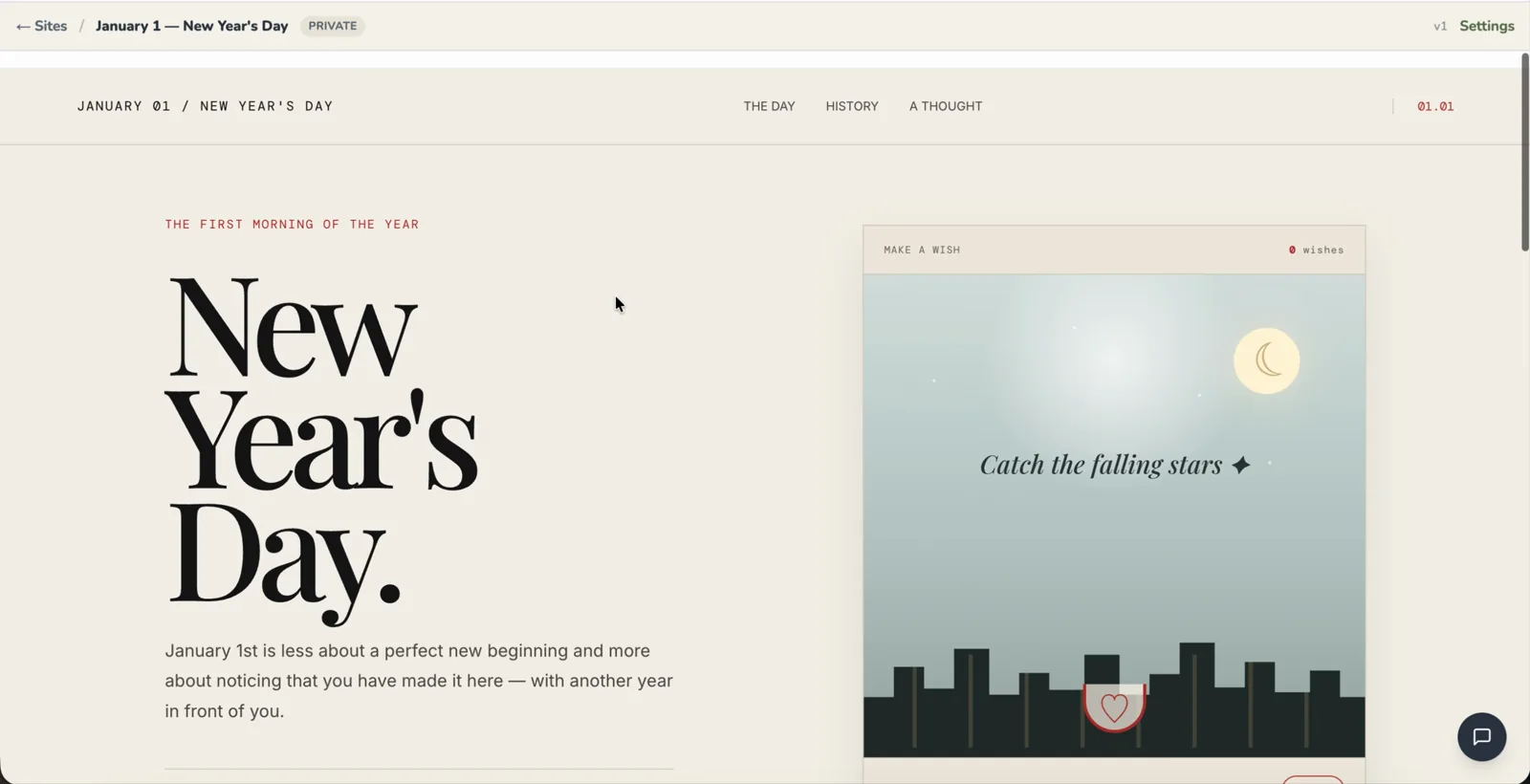 The published page rendering at pagegoat.com, marked private, with an editorial layout and custom typography intact.