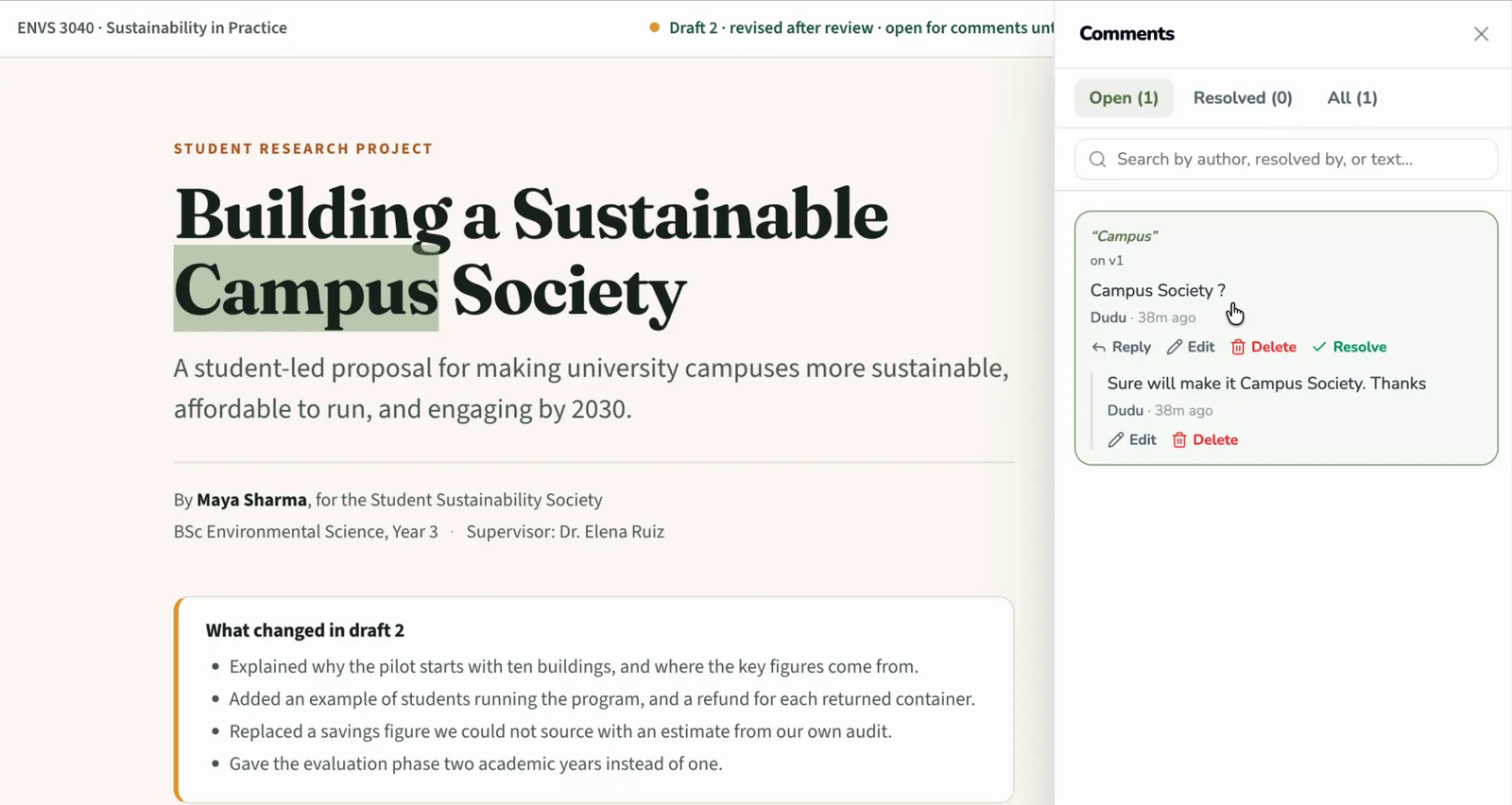 The report's second draft, its top bar reading 'Draft 2 · revised after review', its title now 'Building a Sustainable Campus Society', and a 'What changed in draft 2' box below the byline. In the Comments panel, the comment quoting “Campus” is marked on v1 and reads “Campus Society ?”, by Dudu, 38m ago, with a reply from Dudu underneath: “Sure will make it Campus Society. Thanks”. The word Campus in the new title is highlighted in green.
