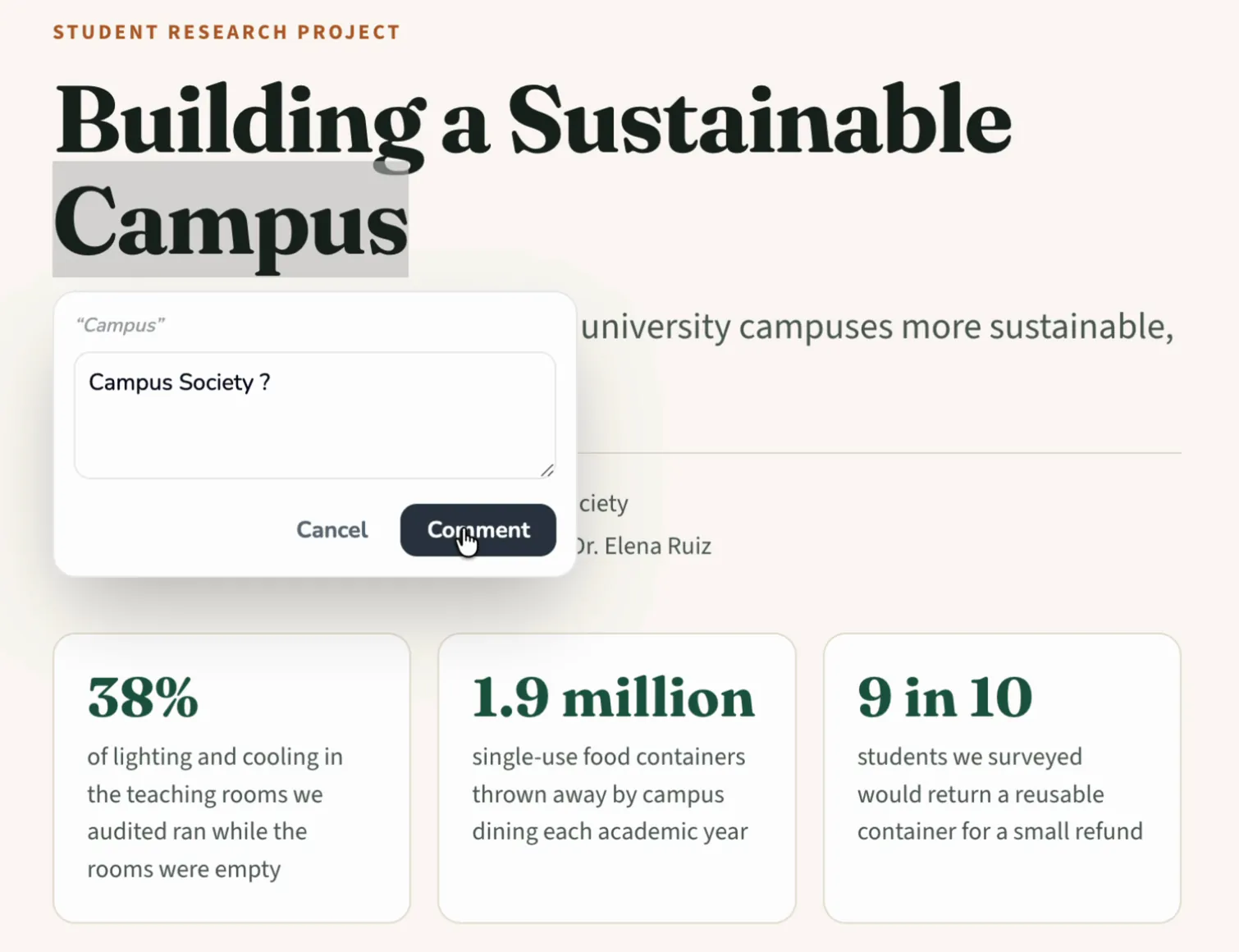 The top of the student report 'Building a Sustainable Campus', with the last word of its title, Campus, selected. A comment box opened under the selection quotes “Campus”, holds the typed note “Campus Society ?”, and the pointer rests on its Comment button next to Cancel.