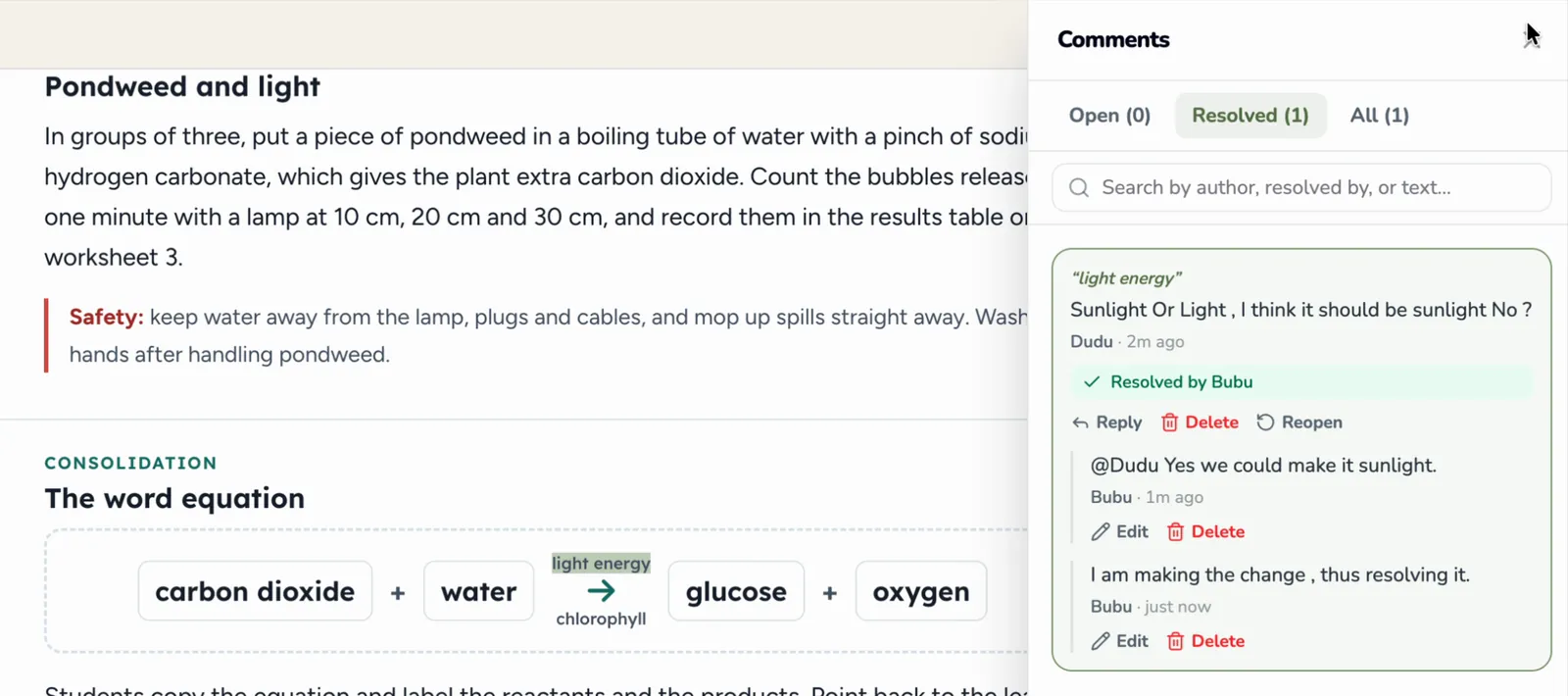 The same lesson plan and panel, now on the Resolved tab, which counts one while Open counts zero. The thread on “light energy” shows Dudu's comment, a green line reading 'Resolved by Bubu', buttons for Reply, Delete and Reopen, and two replies from Bubu: “@Dudu Yes we could make it sunlight.” and “I am making the change , thus resolving it.”
