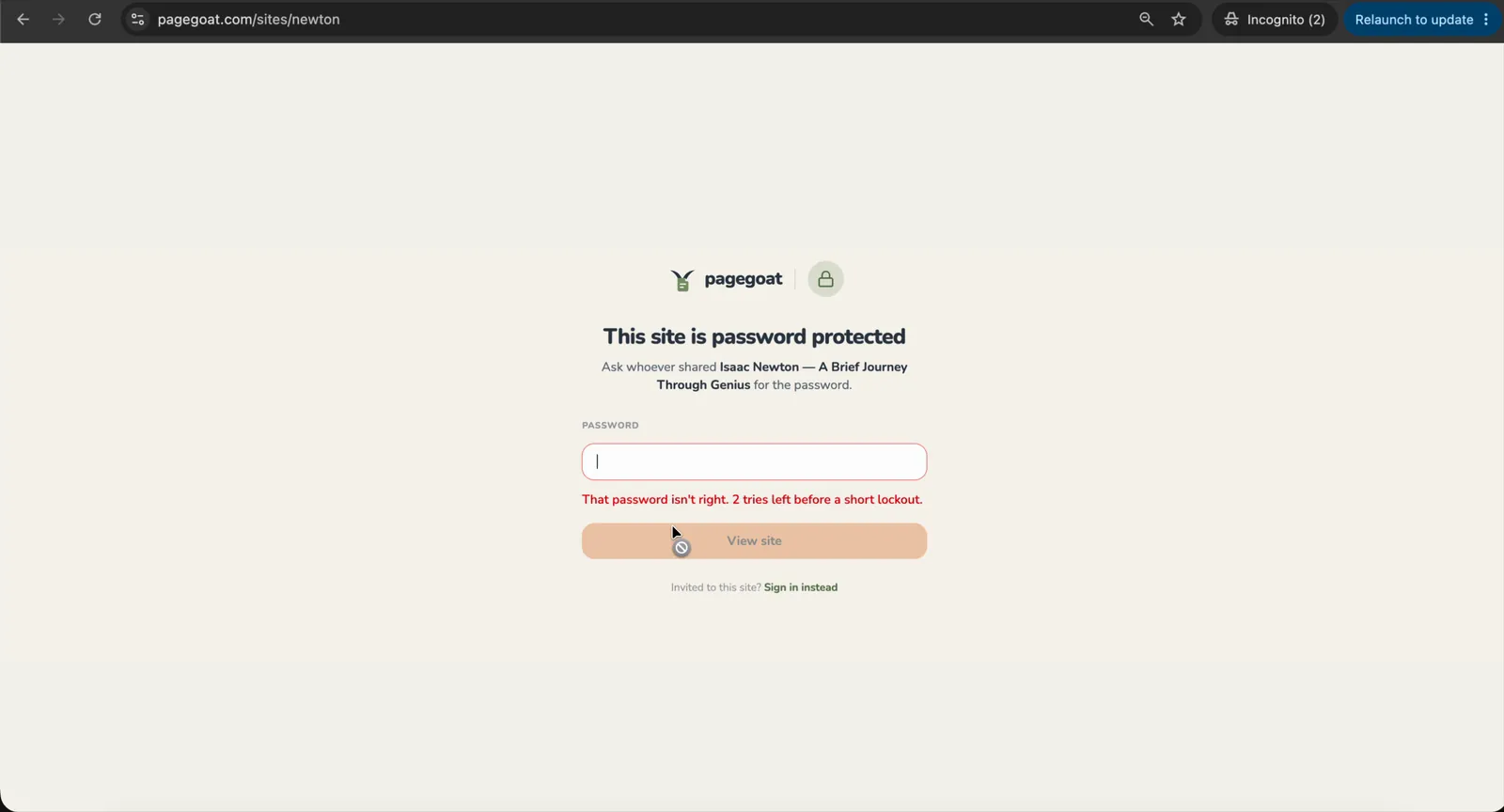 The same Pagegoat gate after an incorrect password: the field cleared, the View site button disabled, and a red message reading 'That password isn't right. 2 tries left before a short lockout.'