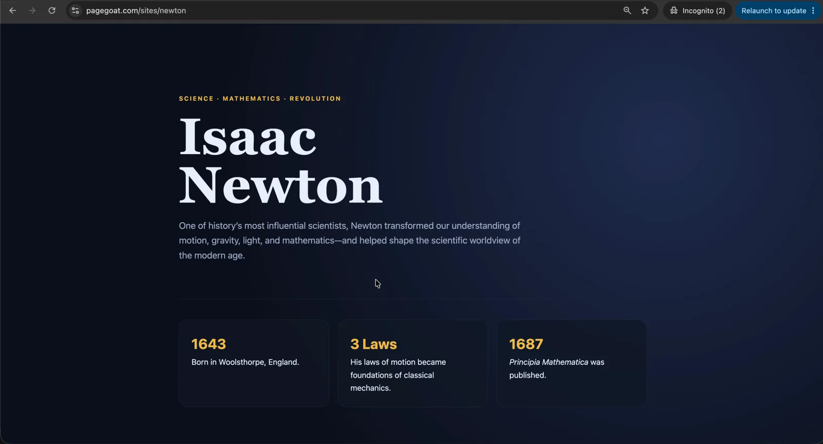 The same pagegoat.com/sites/newton address in the same incognito window after the correct password, now rendering the published page: a dark hero reading 'Isaac Newton' over cards for 1643, 3 Laws and 1687.