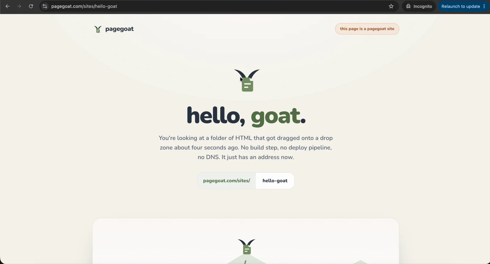 The same pagegoat.com/sites/hello-goat address reloaded in the same signed-out incognito window, now rendering the published page, headed 'hello, goat.'